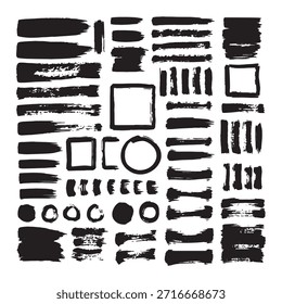 Conjunto de pincéis de tinta preta traça círculos quadrados e manchas isolados no fundo branco