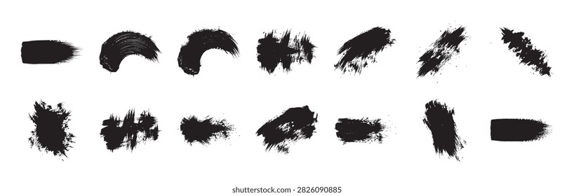 set of black ink brush strokes with different shapes and textures used as artistic design elements for creative projects and backgrounds