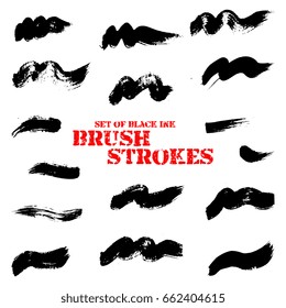 set of black ink brush strokes. Collection of grunge hand-drown strokes for your design. Isolated elements. Vector illustration.