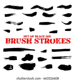 Set of black ink brush strokes and lines. Hand drawn ink brushes or background. Elements of grunge design. Vector illustration.
