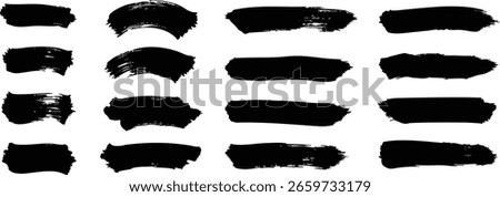 Set of black ink brush strokes collection. Collection of black paint brush stroke shapes on white background, perfect for design elements, textures, or digital art overlays.