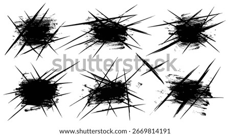 Set of black ink brush strokes with sharp lines creating abstract shapes. High contrast, grunge style.