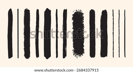 Set of Black Ink Brush Strokes in Grunge and Dry Texture Style. Thick and Thin Vertical Paint Lines. Rough Artistic Borders Collection. Vector Illustration on Light Background