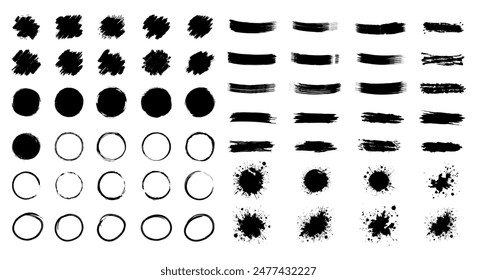 Set von schwarzen Tintenpinseln. Schwarze Pinselflecken. Farbspritzer .Pinselstrich malen . Grunge Pinsel set.Grunge lackierte Tintenlinien .Vektorgrafik Pinselstriche Kollektion .Black Grunge Fleck.