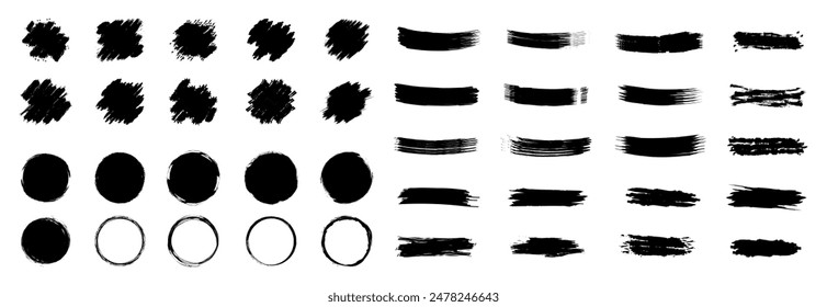 Set von schwarzen Tintenpinseln. Schwarze Pinselflecken. Farbspritzer .Pinselstrich malen . Grunge Pinsel set.Grunge lackierte Tintenlinien .Vektorgrafik Pinselstriche Kollektion .Black Grunge Fleck.