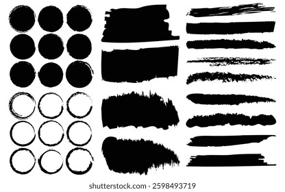 Set of black ink brushstrokes and circles vector on white background