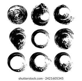 a set of black ink circles brush stroke bundle on a white background,black and white icons set, a set of black ink swirls on a white