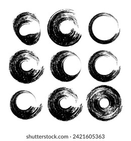 a set of black ink circles brush stroke bundle on a white background,black and white icons set, a set of black ink swirls on a white