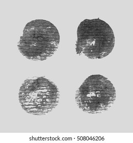 Set of black ink dots on the watercolor paper background. Black ink circle. Vector illustration.