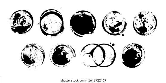 Set of black ink grunge texture circle blots. Brush strokes paint frames collection. Vector elements isolated on white background.