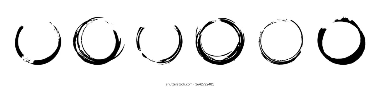 Set of black ink grunge texture circle blots. Brush strokes paint frames collection. Vector elements isolated on white background.