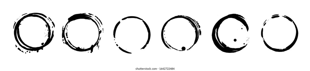 Set of black ink grunge texture circle blots. Brush strokes paint frames collection. Vector elements isolated on white background.