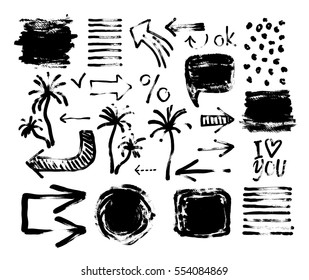 set of  black ink hand drawing brushes collection isolated on white background for your design, brush strokes element vector illustration