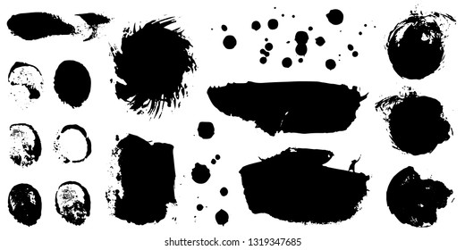 Set of black ink hand drawn brushes collection isolated on white background for your design. Dirty artistic brush strokes element. Black labels, background, paint texture. Vector