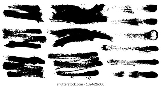 Set of black ink hand drawn brushes collection isolated on white background for your design. Dirty artistic brush strokes element. Black labels, background, paint texture. Vector