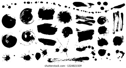 Set of black ink hand drawn brushes collection isolated on white background for your design. Dirty artistic brush strokes element. Black labels, background, paint texture. Vector