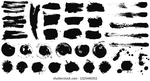 Set of black ink hand drawn brushes collection isolated on white background for your design. Dirty artistic brush strokes element. Black labels, background, paint texture. Vector