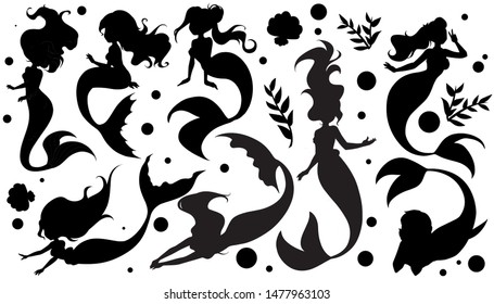 Set of black ink hand drawn cartoon sketch of mermaids. Vector illustration. Silhouette collection.