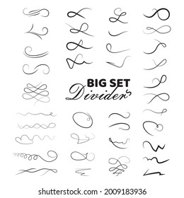 Set of black ink hand drawn flourishes design elements on white background. Victorian ornate page decor ornaments, curls, swirls, dividers collection for banners, frames. Vector calligraphy patterns