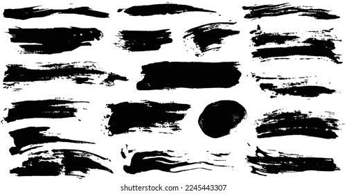 Conjunto de pinceles dibujados a mano con tinta negra colección de trazos, aislados en fondo blanco. Pincel artístico sucio secar frotis elemento de borde. Etiquetas negras, fondo, textura de pintura. Vector