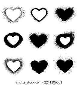 Set of black ink hearts. Hand drawn spray paint heart. Grunge vector hearts. Valentine background. 