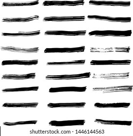Set of black ink horizontal hand drawn brushes. Abstract isolated grunge lines, or stripes. Vector illustration.	
