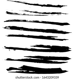 Set mit schwarzen, horizontalen, handgezogenen Pinseln. Abstrakte, isolierte Grunge-Linien oder Streifen. Vektorillustration.	
