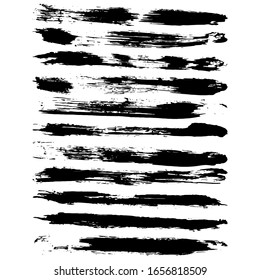 Conjunto de brochas horizontales dibujadas a mano con tinta negra. Abstracto de líneas de gruñido aisladas, o rayas. Ilustración vectorial.	