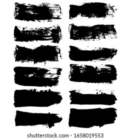Set of black ink horizontal hand drawn brushes. Abstract isolated grunge lines, or stripes. Vector illustration.	