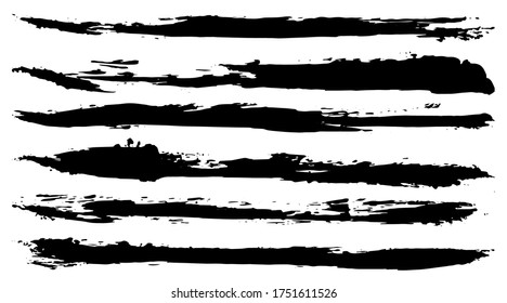 Set mit schwarzen, horizontalen, handgezogenen Pinseln. Abstrakte, isolierte Grunge-Linien oder Streifen. Vektorgrafik.	