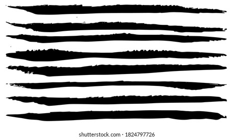 Set of black ink horizontal hand drawn brushes. Abstract isolated grunge lines, or stripes. Vector illustration.	
