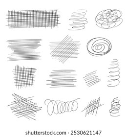 Set of black ink lines of hand drawn textures, scribbles of pen. Doodle style sketch scratches. Vector illustration isolated on white background