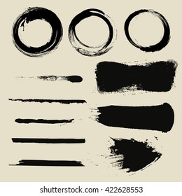 set of black ink lines, stains and empty circles isolated on white background (individual objects). vector illustration