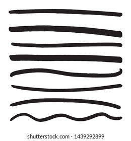 Set of black ink marker brush strokes, brushes, lines. Grunge artistic design elements.