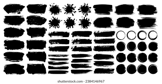 Set of black ink paint brush stroke or grunge overlay texture for social media background design. Grungy watercolor drawing, brushstroke, frame and ornament. Torn or rip paper silhouette for business.