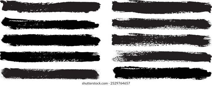 Conjunto de textura de líneas de trazo de pincel de pintura de tinta negra aislado sobre fondo transparente PNG. Pincel de Vector Stroke. Anuncio angustiado. Colección de pincel aislado negro. Cepillo de tiza. 