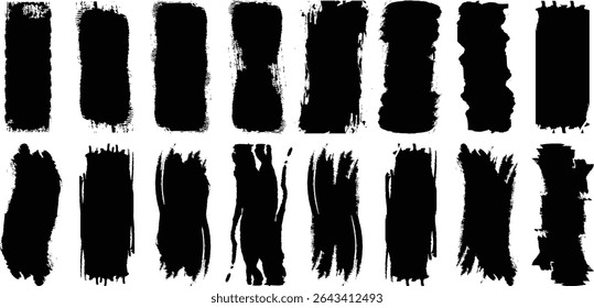Set of black ink paint brush stroke lines texture isolated on PNG transparent background