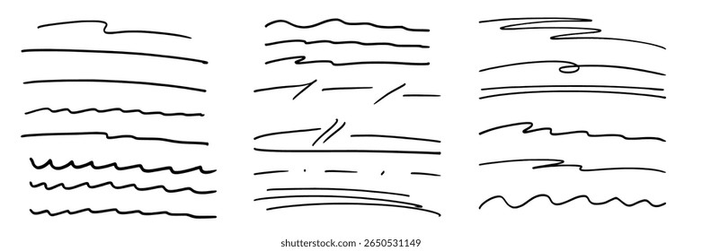 Conjunto de canetas de tinta preta ou linhas de ênfase e sublinhado de marcadores. Traços de caneta desenhados à mão. Realçando uma nota. Elemento de ênfase sublinhado manuscrito. Ilustração vetorial.