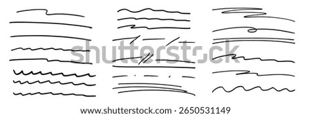 Set of black ink pens or markers underscore and accent lines. Hand drawn pen strokes. Highlighting a note. Handwritten underlining accent element. Vector illustration.
