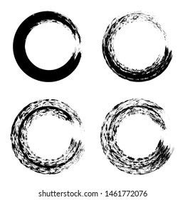 Set of black ink round brush stroke on white background. Vector illustration of grunge circle stains