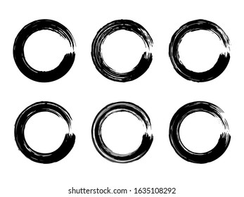 Set of Black ink round brush stroke on white background. Vector of grunge circle stains