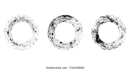 Set of black ink round brush stroke on white background. Vector illustration of grunge circle stains