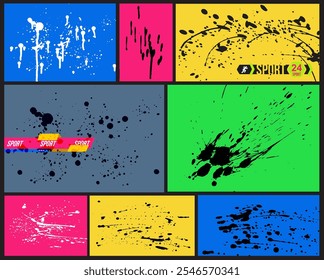 Set of black ink splash texture painting. Design black ink spots collection on transparent background. Template with drips, dynamically flying splashes of paint illustration.