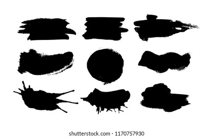 Set of black ink splashes and drops of different shapes made with brush. Blobs and spatters. Isolated vector illustration
