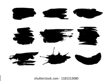 Set of black ink splashes and drops of different shapes made with brush. Blobs and spatters. Isolated vector illustration