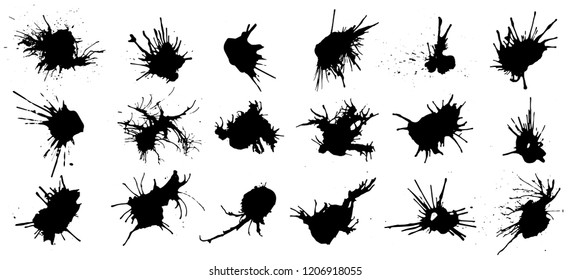 Set of black ink splashes and drops. Different handdrawn spray design elements. Blobs and spatters. Isolated vector illustration