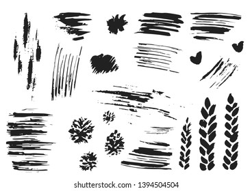 Set of black ink splashes and drops. Hand drawn spray design elements. Blobs and spatters on a white background. Isolated vector illustration