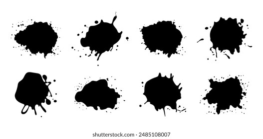 Conjunto de salpicaduras de tinta negra y gotas.  Manchas y salpicaduras. Estas salpicaduras versátiles son convenientes para el Diseño gráfico, el Diseño web, la publicidad, los fondos abstractos, los efectos creativos y más.
