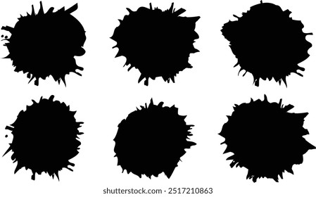 Set of black ink splashes and drops. Blobs and spatters. Artistic texture of ink brush strokes, splatter stains, callout. Paintbrush, stroke vector set