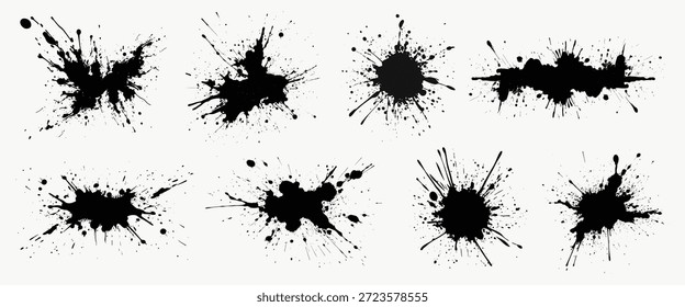 Set of black ink splatters on a white background. Ink splatters create a dynamic, artistic effect. Perfect for creative projects needing ink splatter designs. Design element vector.
